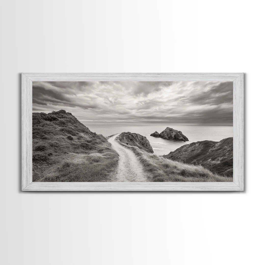 Coastal Cliff Path, Ocean View Trail, Windswept Grass Art, Seaside Wall Decor, Framed Canvas Print, Bedroom Art, Nature Lover Gift