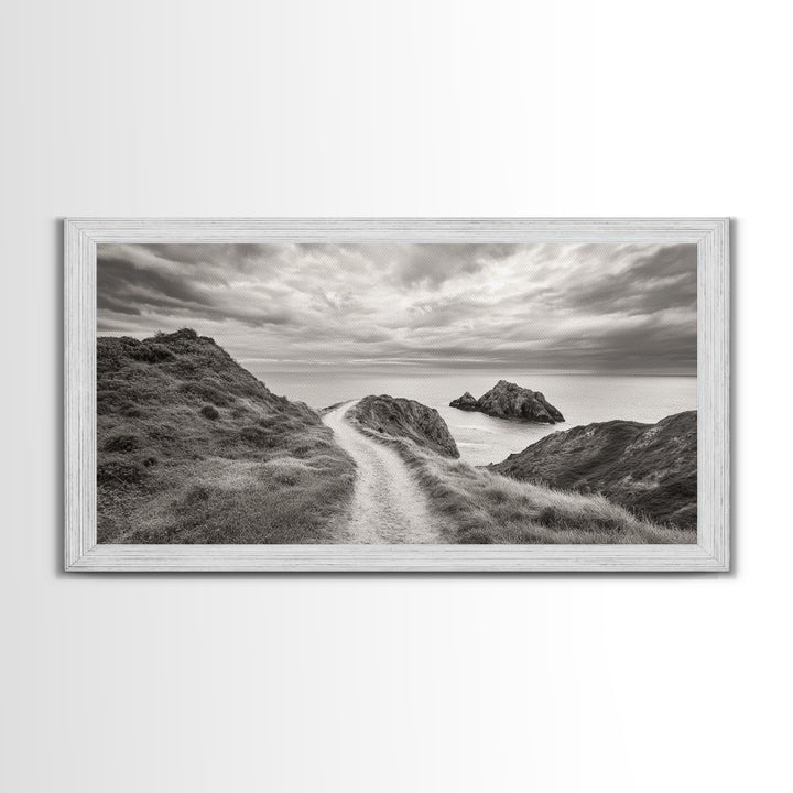 Coastal Cliff Path, Ocean View Trail, Windswept Grass Art, Seaside Wall Decor, Framed Canvas Print, Bedroom Art, Nature Lover Gift