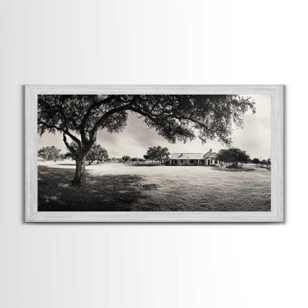 Country Farmhouse Shade, Texas Ranch Home, Oak Tree Horizon, Framed Canvas Print, Rustic Decor, Entryway or Dining Room Art