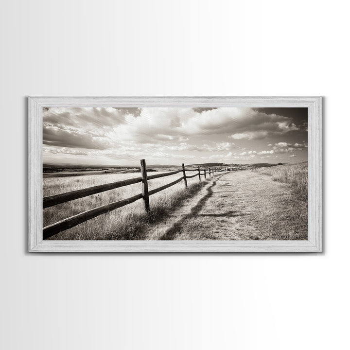 Countryside Fence Trail, Rolling Hills Walk, Prairie Path View, Framed Canvas Print, Western Art, Fall Wall Decor, Office Wall Art