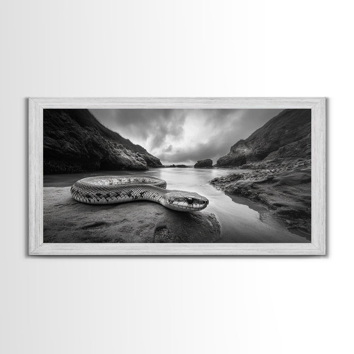 Ocean Snake Landscape, Coastal Creature Scene, Black and White Reptile, Framed Canvas Print, Moody Art, Bedroom or Den Decor