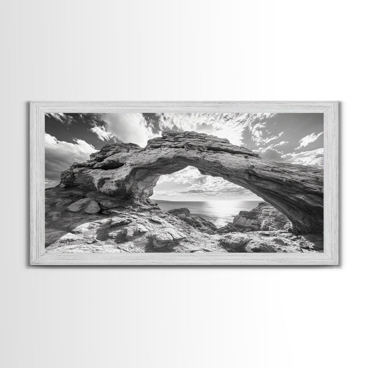 Natural Rock Arch, Seaside Cliff View, Desert Coastal Window, Framed Canvas Print, Boho Earth Tones, Living Room Wall Decor