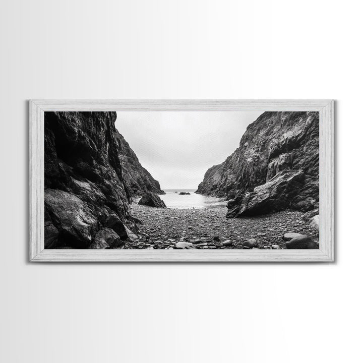 Rocky Cove, Ocean Gap, Cliffside Path, Secluded Coast, Framed Canvas Print, adventure wall art, man cave, grayscale wilderness print