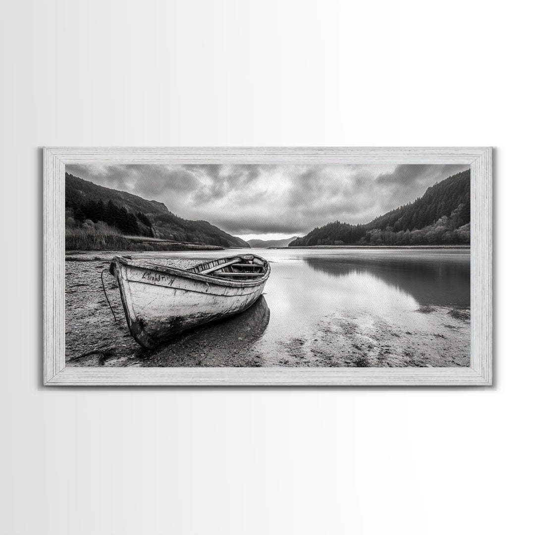 Abandoned Boat, Mountain Lake, Moody Shore, Nature Reflections, Framed Canvas Print, cabin wall art, explorer decor, grayscale nature