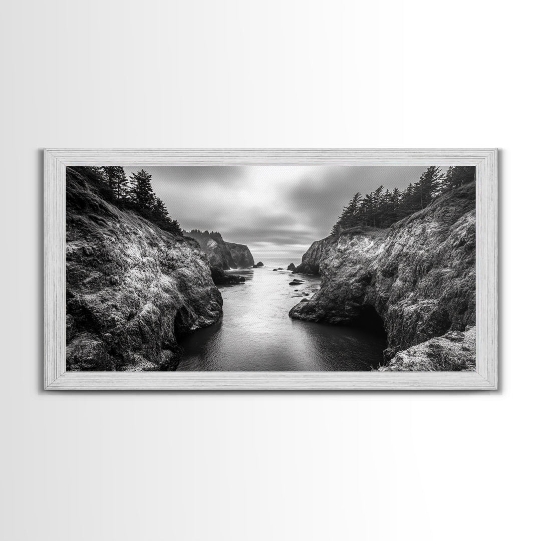 Ocean Passage, Cliff Channel, Rugged Coast, Forest Horizon, Canvas Print, dramatic nature art, large wall piece, hallway landscape art