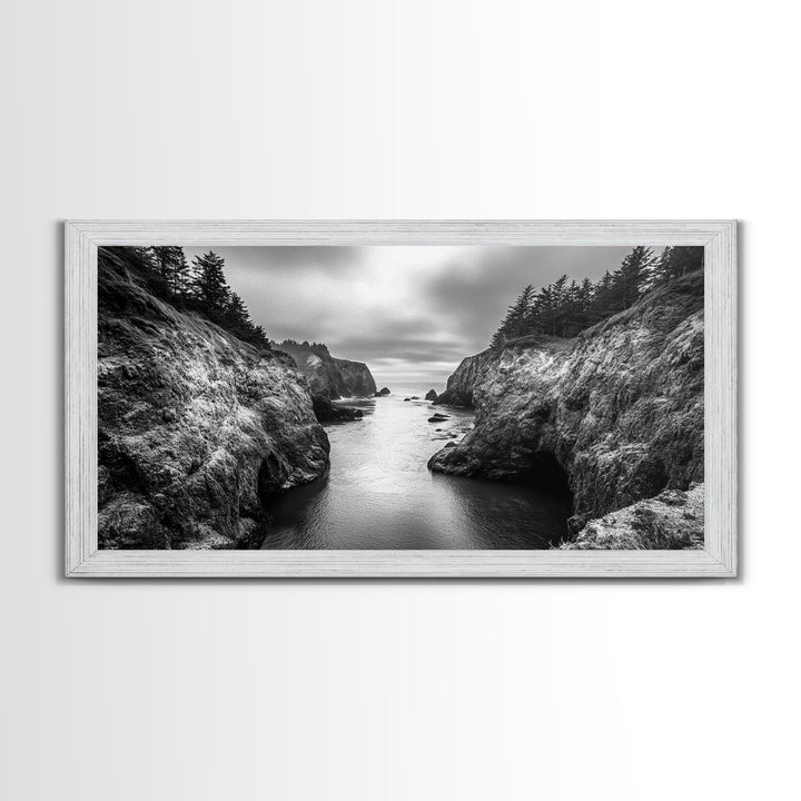 Ocean Passage, Cliff Channel, Rugged Coast, Forest Horizon, Canvas Print, dramatic nature art, large wall piece, hallway landscape art