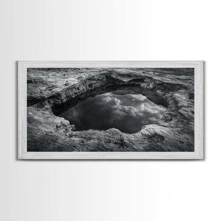 Sky Reflection, Stone Pool, Abstract Nature, Moody Minimalist Art, Framed Canvas Print, Bedroom Wall Art, Contemporary Monochrome Decor