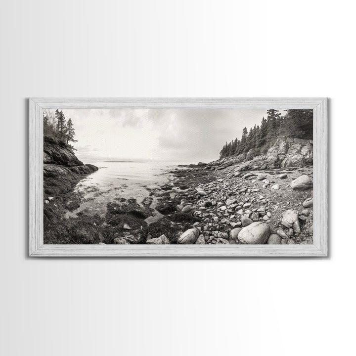 Rocky Coast, Forest Edge, Tranquil Shoreline, Earthy Landscape Scene, Canvas Print, Neutral Home Decor, Rustic Cabin Wall Art