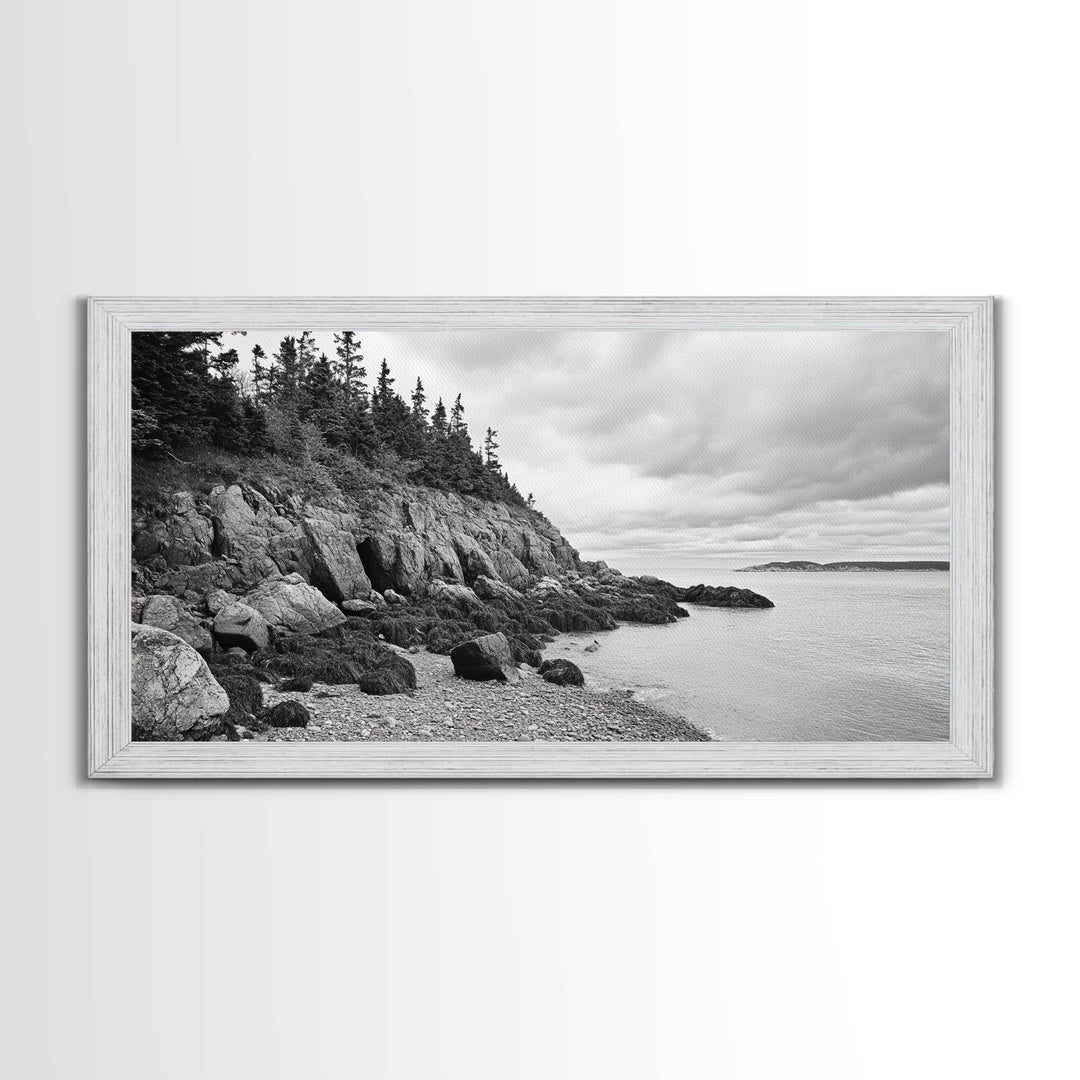 Rocky Shore, Coastal Forest, Black White Landscape, Nature Wall Decor, Framed Canvas Print, Cabin Living Room Art, Fall Inspired Scene