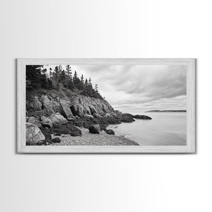Rocky Shore, Coastal Forest, Black White Landscape, Nature Wall Decor, Framed Canvas Print, Cabin Living Room Art, Fall Inspired Scene