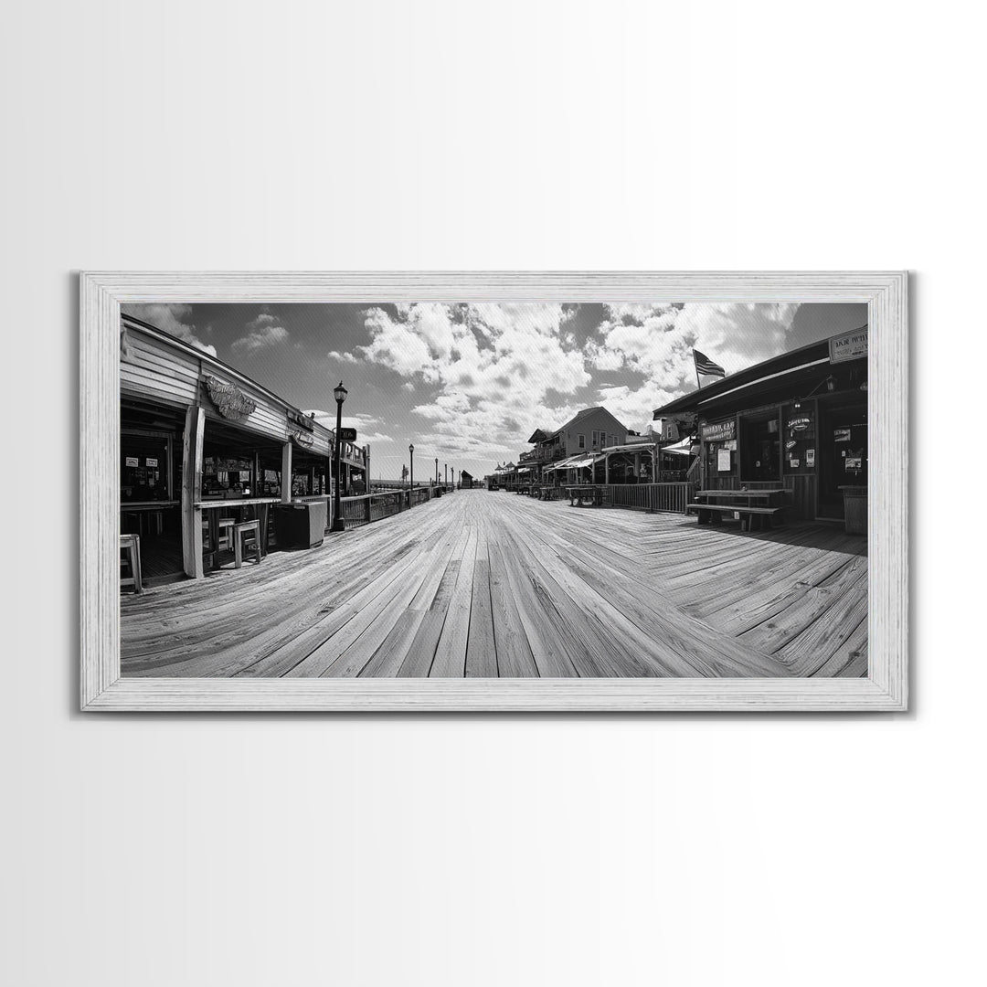 Boardwalk View, Beach Shops, Summer Scene, Coastal Town, Framed Canvas Print, Nautical Wall Art, Dining Room Coastal Decor