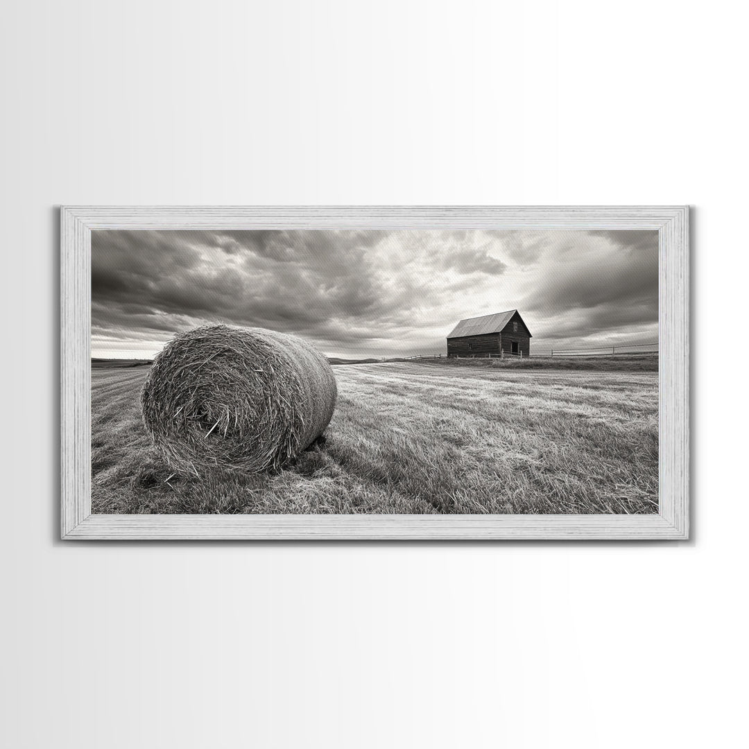 Barn Field, Hay Bale, Rural Farmland Scene, Autumn Countryside Art, Canvas Print, Farmhouse Wall Decor, Rustic Fall Living Room Art