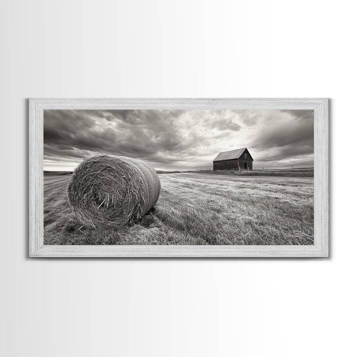 Barn Field, Hay Bale, Rural Farmland Scene, Autumn Countryside Art, Canvas Print, Farmhouse Wall Decor, Rustic Fall Living Room Art