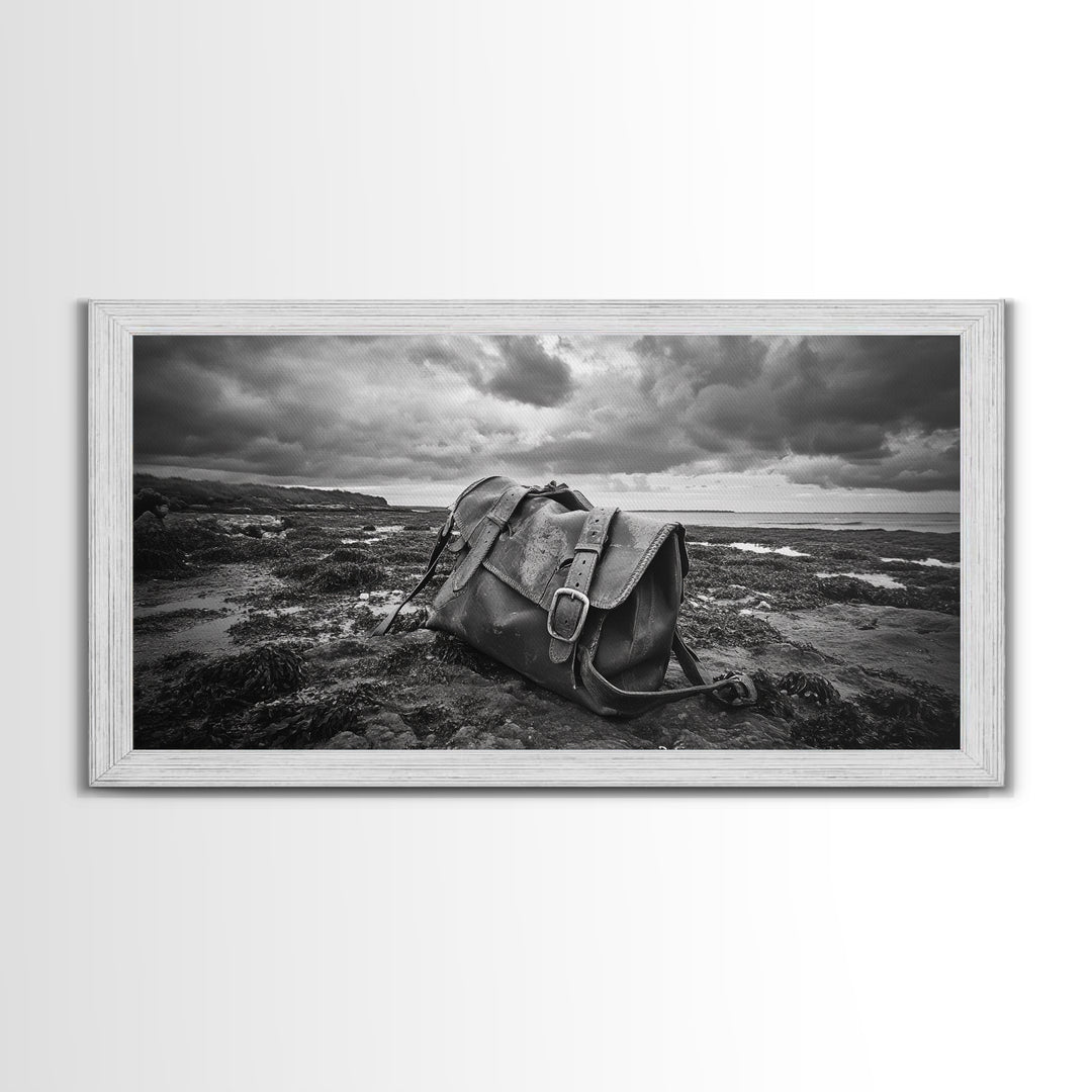 Abandoned Satchel, Coastal Mystery Art, Lost and Found Decor, Moody Beach Scene, Canvas Print, Study Wall Art, Nautical Rustic Aesthetic