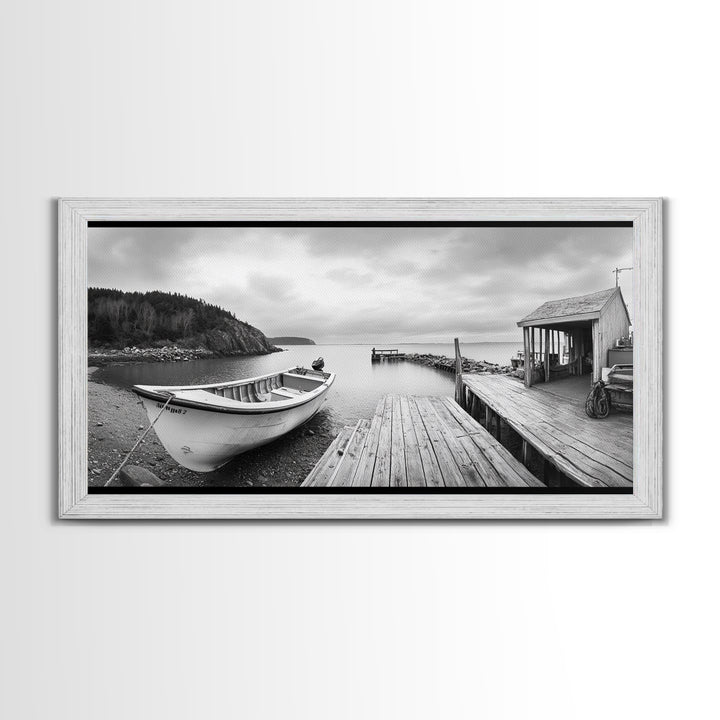 Rowboat Dock, Harbor Scene, Calm Waters, Quiet Morning, Framed Canvas Print, Lakeside Cabin Wall Art, Rustic Nautical Decor, Cabin Decor