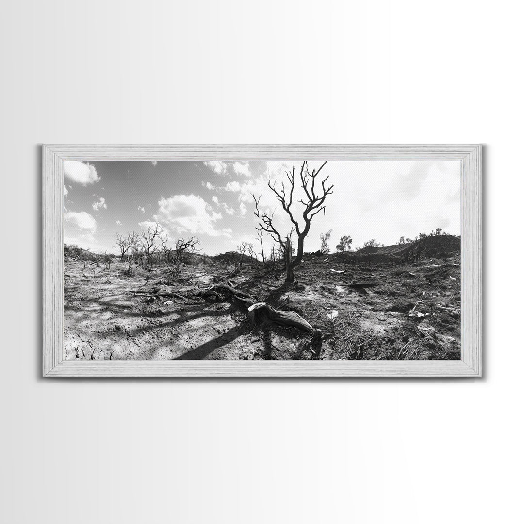 Barren Tree Landscape, Post Fire Terrain, Dystopian Forest Scene, Survival Mood, Canvas Print, Office Wall Art, Dark Nature Decor