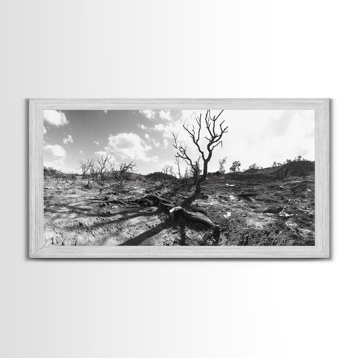 Barren Tree Landscape, Post Fire Terrain, Dystopian Forest Scene, Survival Mood, Canvas Print, Office Wall Art, Dark Nature Decor