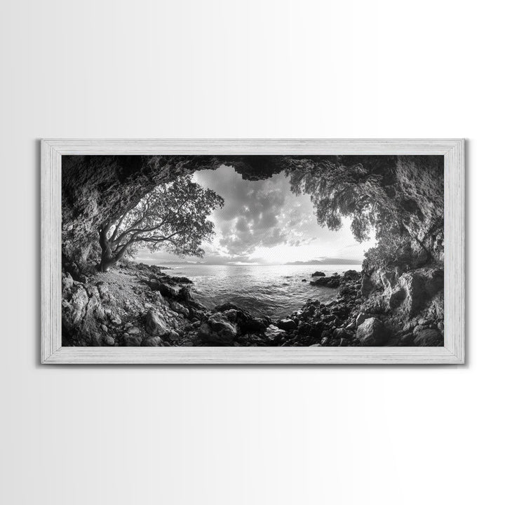 Ocean Cave View, Coastal Tree Framing, Tranquil Sea Scene, Nature Window Art, Framed Canvas Print, Bedroom Wall Art, Zen Decor