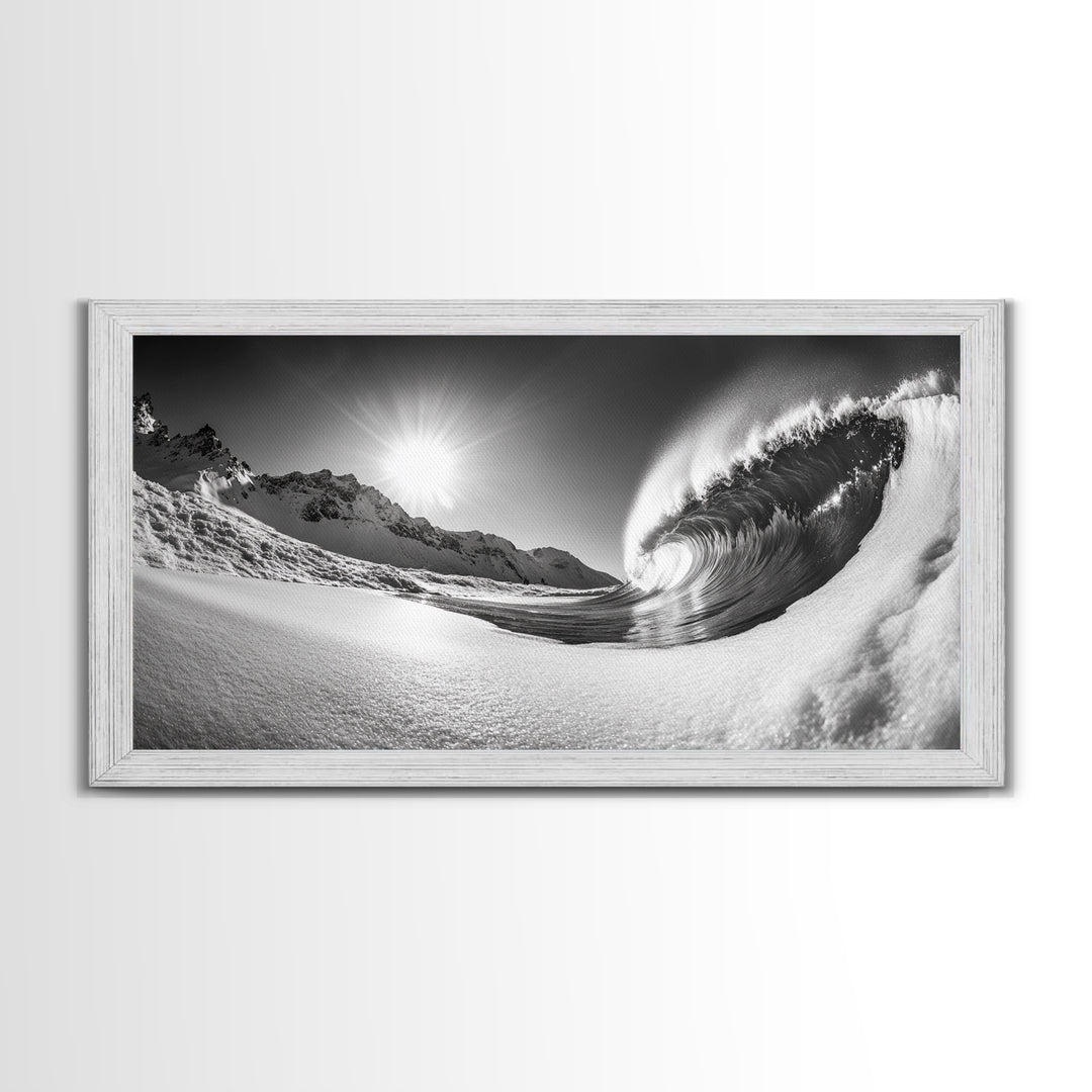 Arctic Wave Motion, Snowy Surf Curl, Mountain Sun Scene, Nature Energy Art, Canvas Print, Living Room Wall Art, Winter Adventure Decor