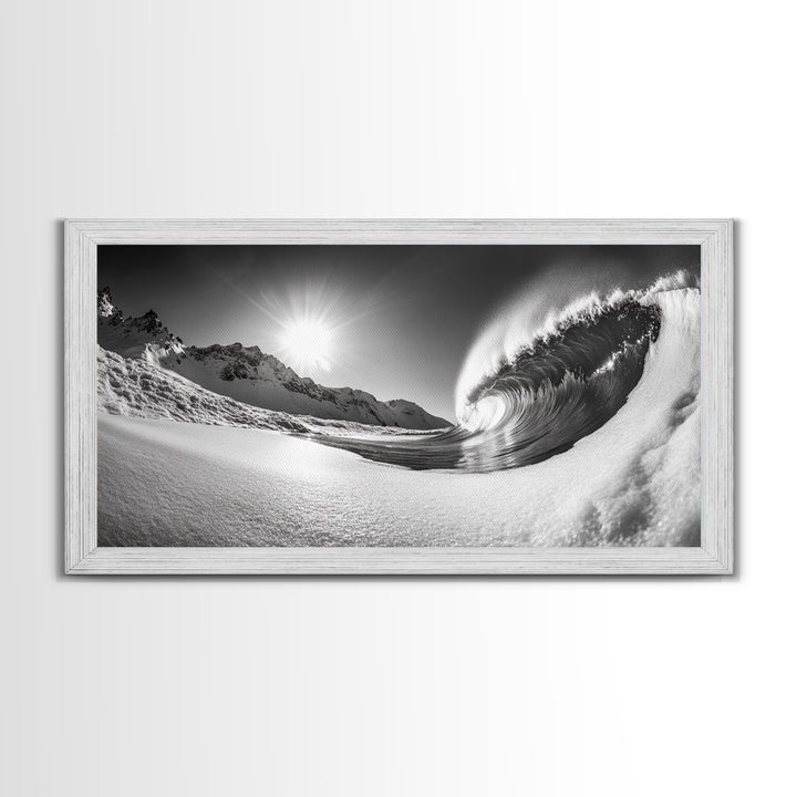 Arctic Wave Motion, Snowy Surf Curl, Mountain Sun Scene, Nature Energy Art, Canvas Print, Living Room Wall Art, Winter Adventure Decor