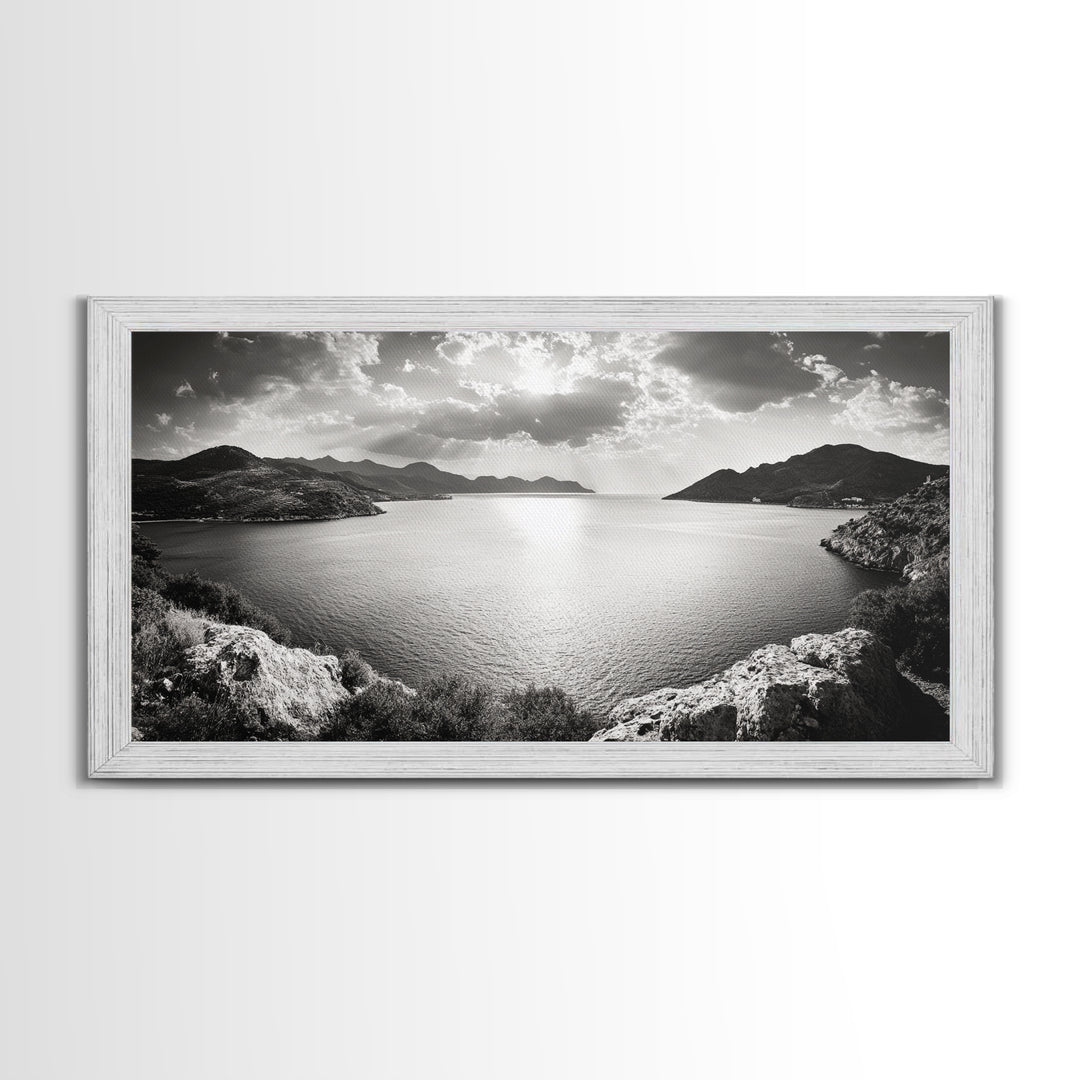 Ocean Sunset View, Mountain Coast Landscape, Black and White Art, Canvas Print, Minimalist Decor, Living Room Wall Art, Tranquil Home Style