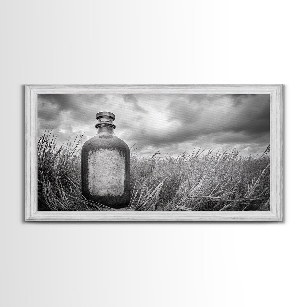 Antique Bottle Field, Rustic Outdoor Scene, Black and White Photography, Framed Canvas Print, Farmhouse Wall Art, Entryway Decor