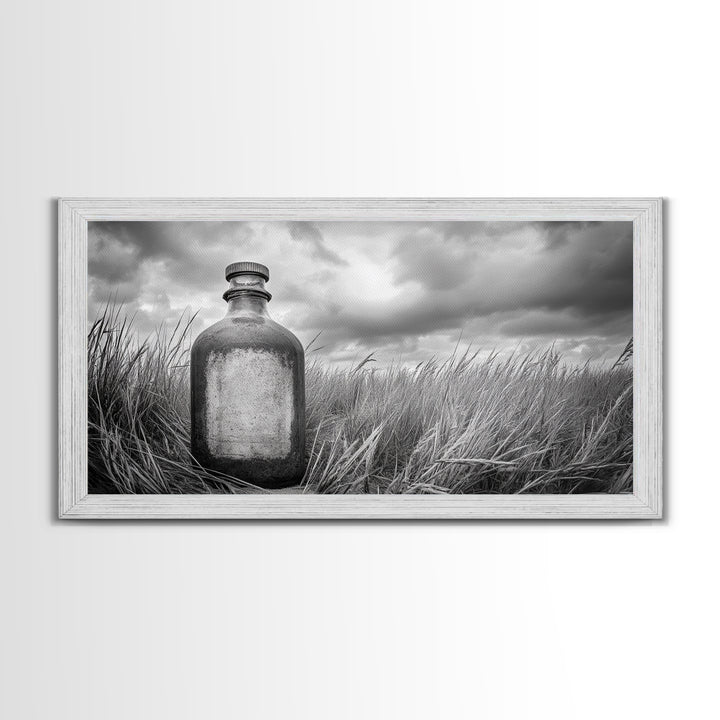 Antique Bottle Field, Rustic Outdoor Scene, Black and White Photography, Framed Canvas Print, Farmhouse Wall Art, Entryway Decor