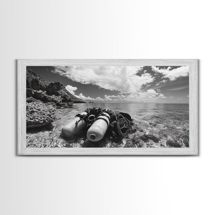Dive Gear Shoreline, Ocean Exploration Scene, Black and White Adventure Art, Canvas Print, Nautical Decor, Man Cave Wall Art, Nautical Wall Art