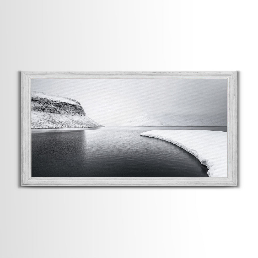 Arctic Coastline Silence, Minimal Snow Scene, Monochrome Nature Landscape, Framed Canvas Print, Scandinavian Wall Art, Office Calm Decor