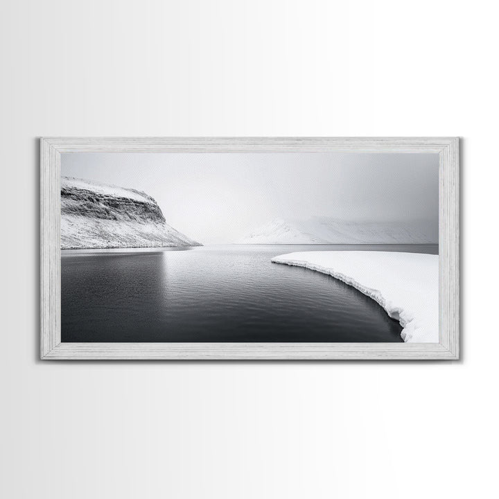 Arctic Coastline Silence, Minimal Snow Scene, Monochrome Nature Landscape, Framed Canvas Print, Scandinavian Wall Art, Office Calm Decor