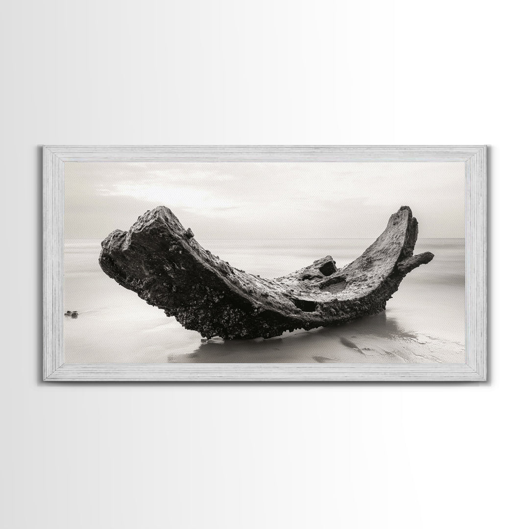 Coastal Shipwreck, Moody Beach, Driftwood Aesthetic, Minimalist Seascape, Canvas Print, Nautical Wall Art, Bathroom Decor, Ocean Art