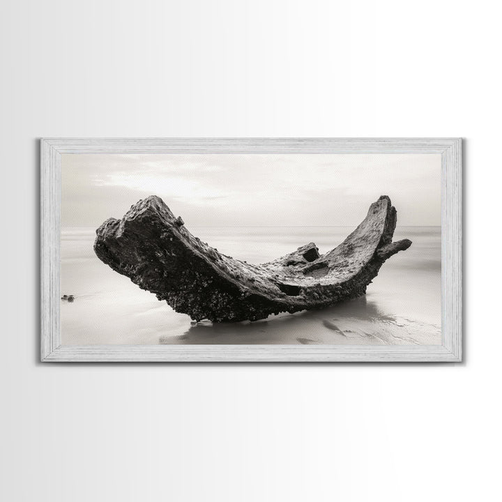 Coastal Shipwreck, Moody Beach, Driftwood Aesthetic, Minimalist Seascape, Canvas Print, Nautical Wall Art, Bathroom Decor, Ocean Art