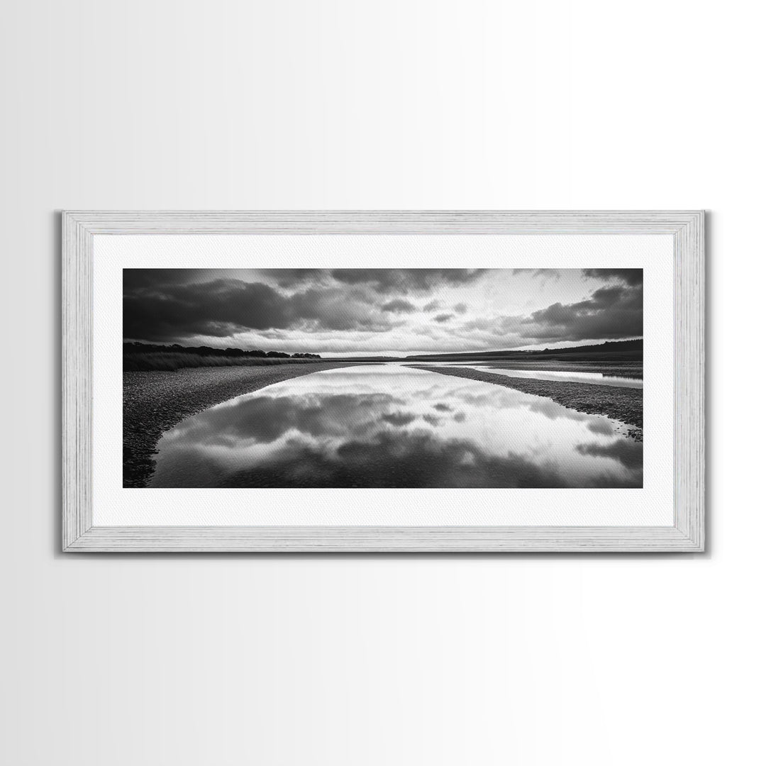 River Reflection, Cloudy Sky, Calm Nature Path, Modern Monochrome, Framed Canvas Print, Bedroom Wall Art, Minimalist Landscape Art