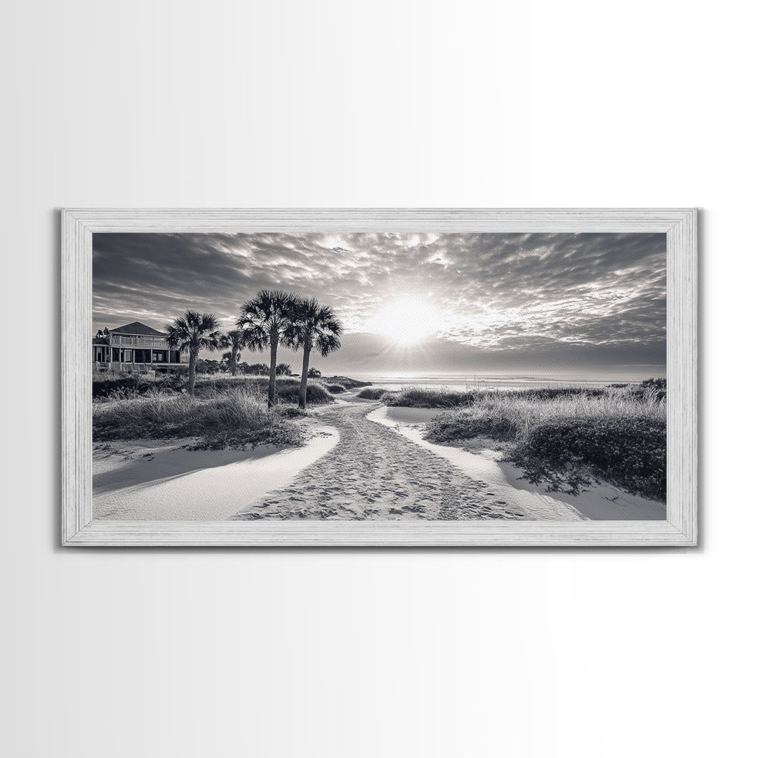 Beach Path Sunrise, Coastal Home, Nature Photography, Framed Canvas Print, Entryway Art, Coastal Grandmillennial Decor, Morning Light Scene