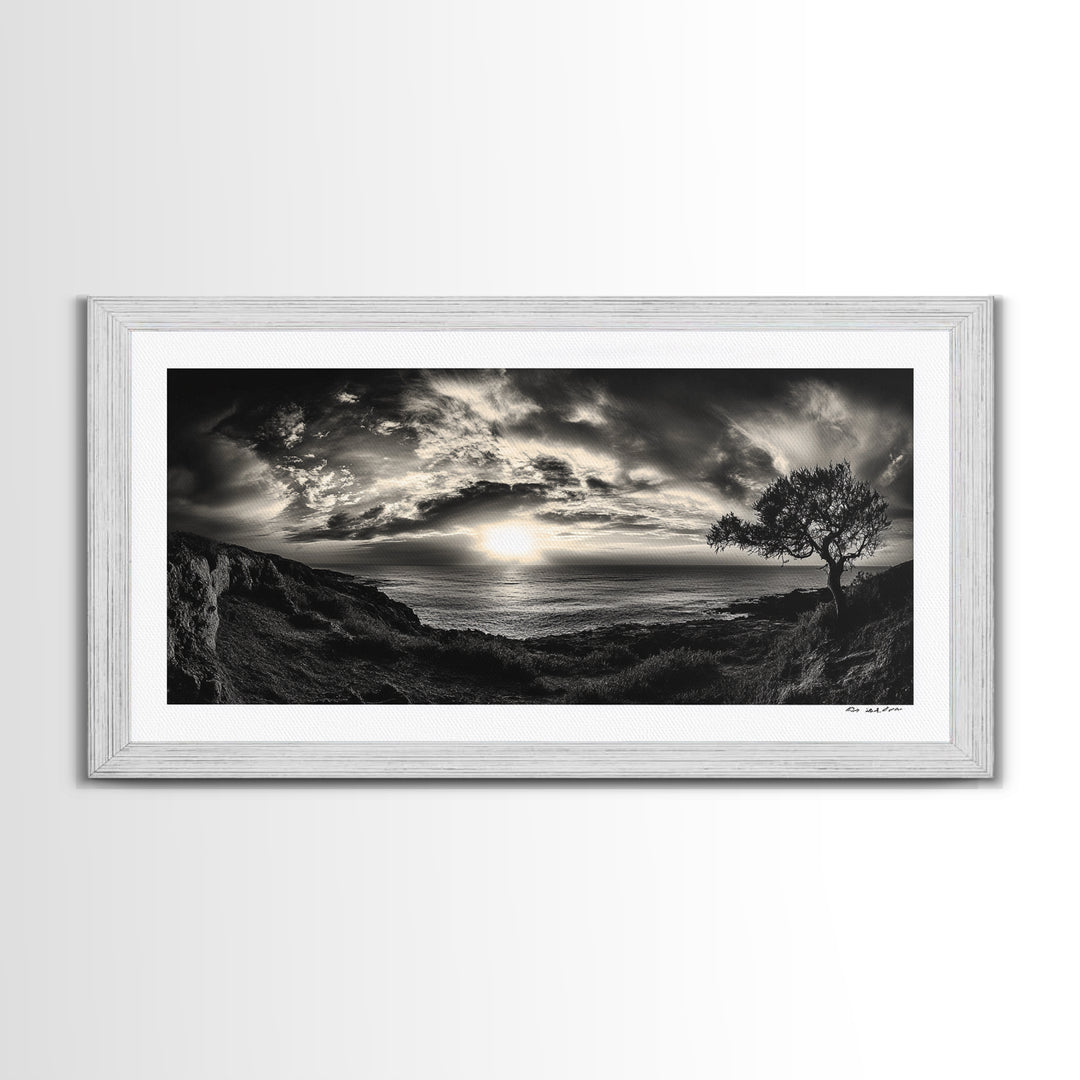 Dramatic Ocean Sunset, Coastal Tree, Monochrome Landscape, Canvas Print, Living Room Wall Art, Surreal Nature View, Oceanview Print