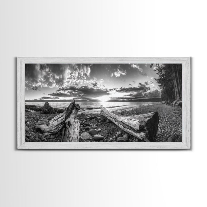 Driftwood Coastline, Rocky Beach Sunset, Nature Wall Art, Framed Canvas Print, Rustic Lake House Decor, Fall Coastal Aesthetic