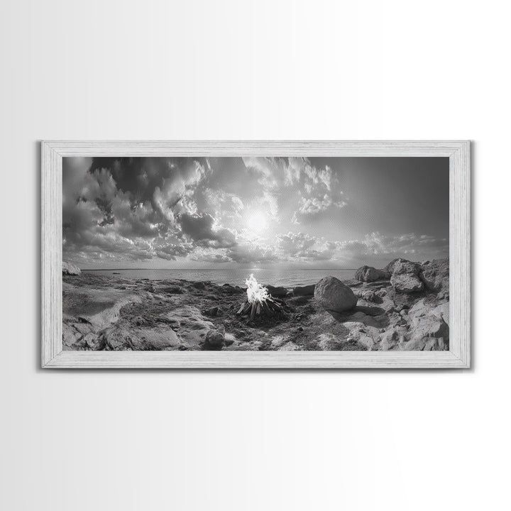 Coastal Campfire, Ocean Sunset, Rocky Shore, Bonfire Glow, Canvas Print, Nature Wall Art, Autumn Cabin Decor, Outdoor Retreat Style