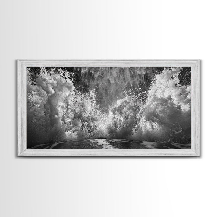 Ocean Splash, Sea Foam, Abstract Water, Coastal Waves, Framed Canvas Print, bathroom wall art, modern ocean photography, moody water art