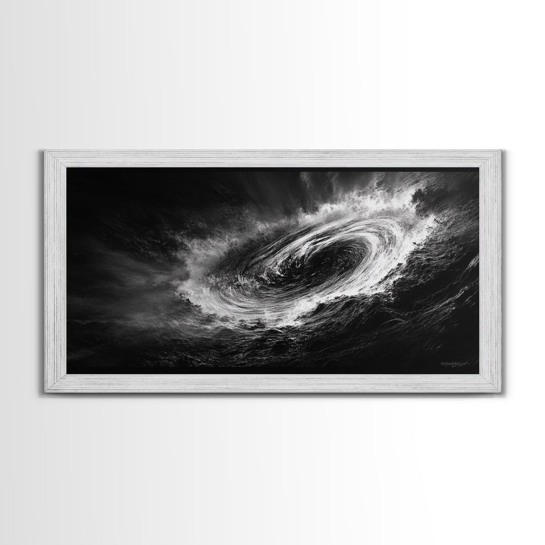 Ocean Vortex, Dramatic Waves, Sea Swirl, Storm Art, Framed Canvas Print, dark abstract art, gaming room decor, black and white power art