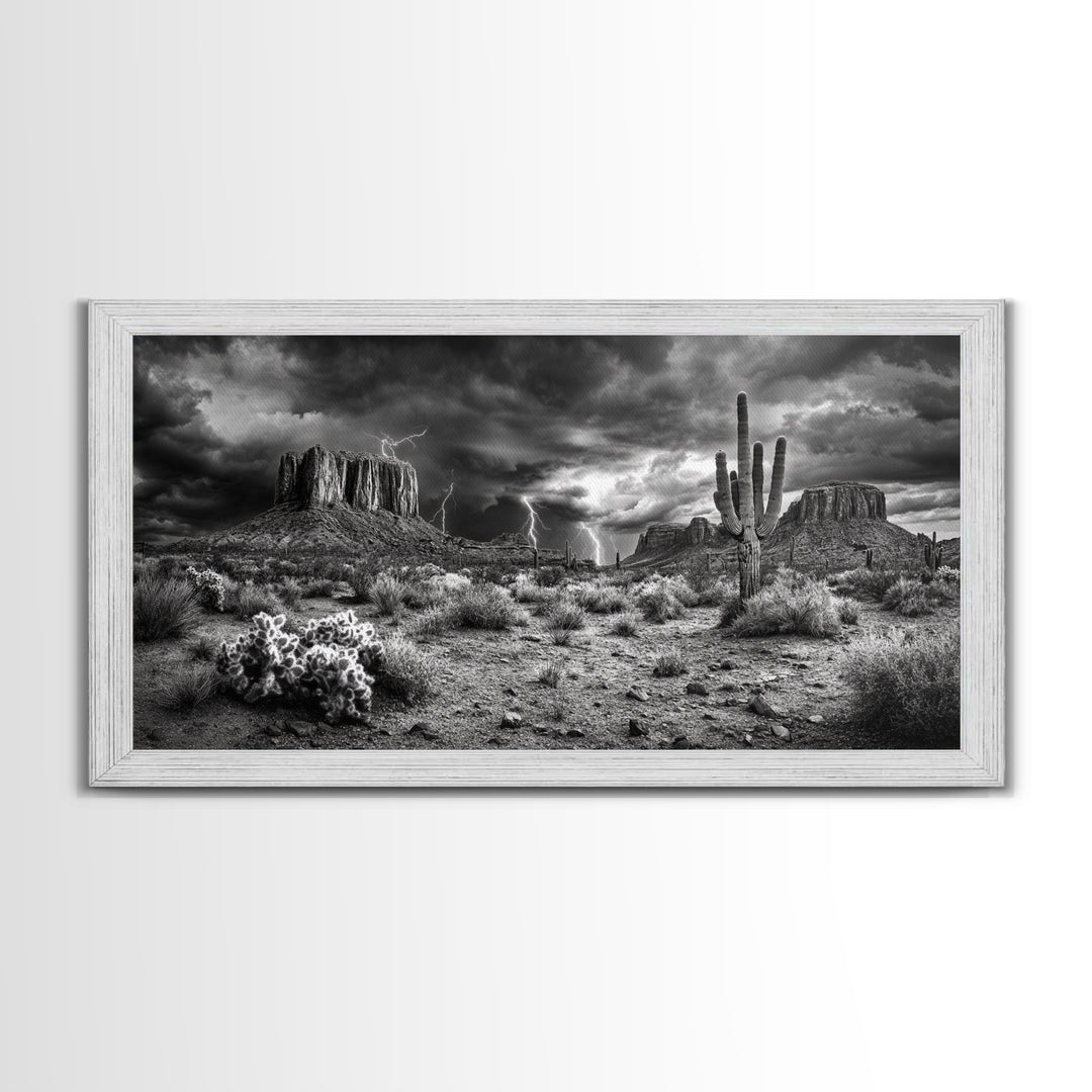 Desert Storm Scene, Lightning Landscape, Southwest Art, Dramatic Skies, Framed Canvas Print, Western Wall Art, Rustic Living Room Decor