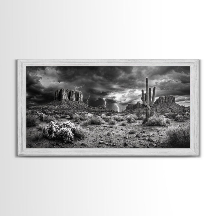 Desert Storm Scene, Lightning Landscape, Southwest Art, Dramatic Skies, Framed Canvas Print, Western Wall Art, Rustic Living Room Decor