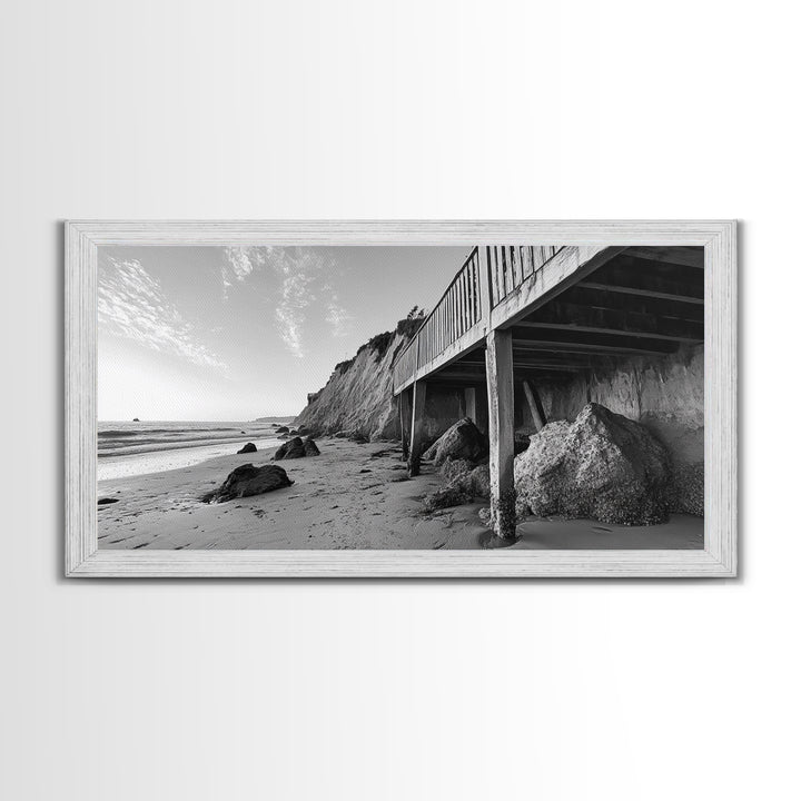 Coastal Cliff View, Seaside Escape, Beachside Structure, Framed Canvas Print, Rustic Wall Art, Modern Coastal Living Room Decor