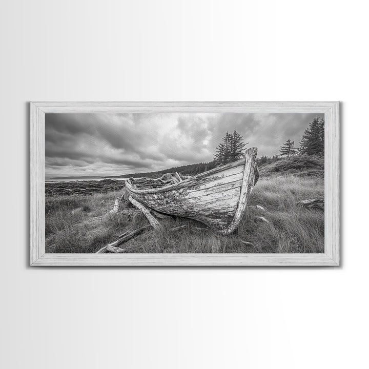 Abandoned Boat, Weathered Vessel, Coastal Forest, Framed Canvas Print, Farmhouse Wall Art, Rustic Cabin Decor, Autumn Vibe, Living Room Art