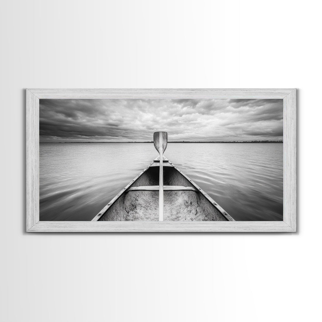 Canoe Lake, Adventure Paddle, Calm Waters, Cloudy Sky, Framed Canvas Print, Minimalist Art, Office Wall Decor, Nature Lover Style