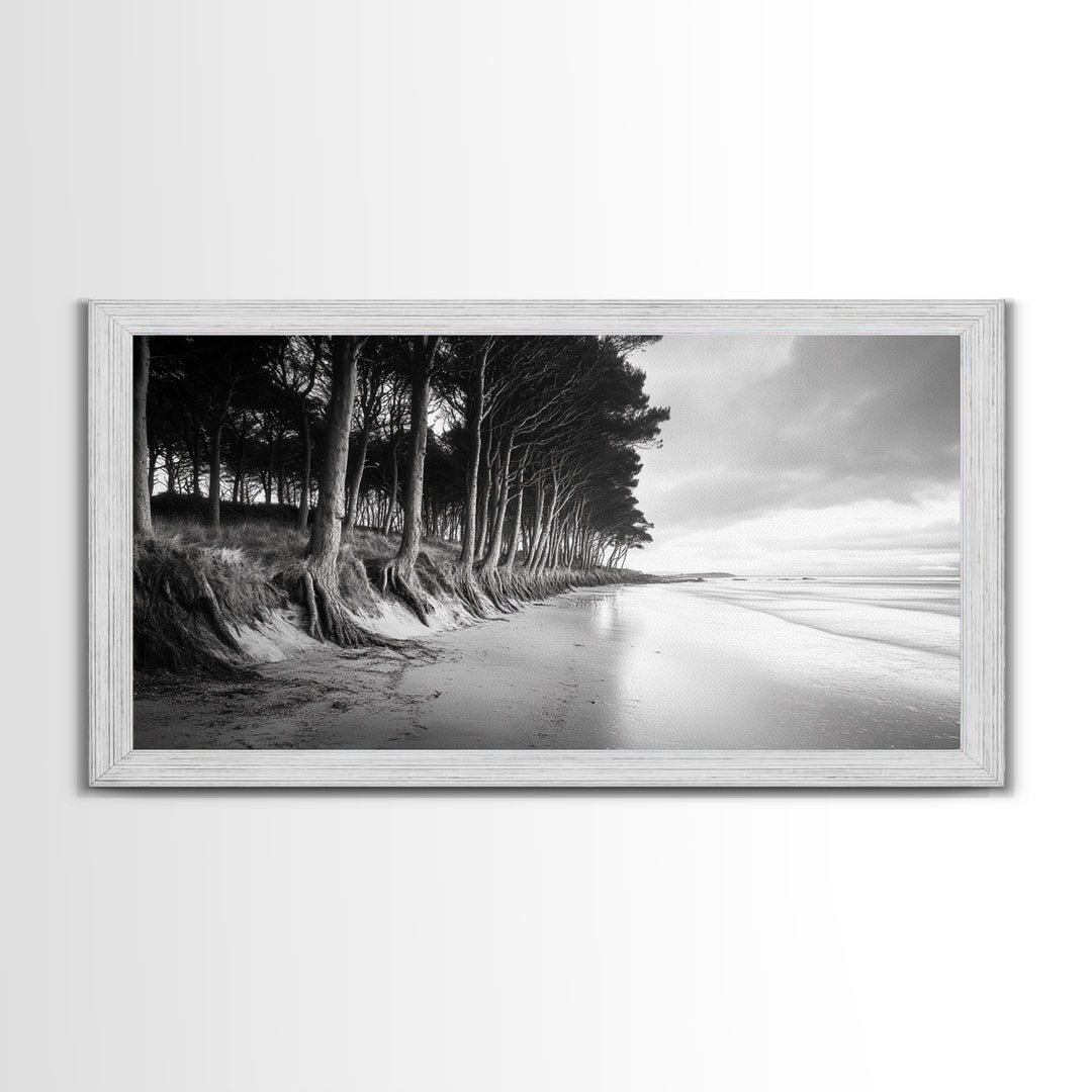 Pine Trees, Sandy Beach, Coastal Serenity, Driftwood Shore, Framed Canvas Print, neutral wall art, coastal rustic style, entryway landscape