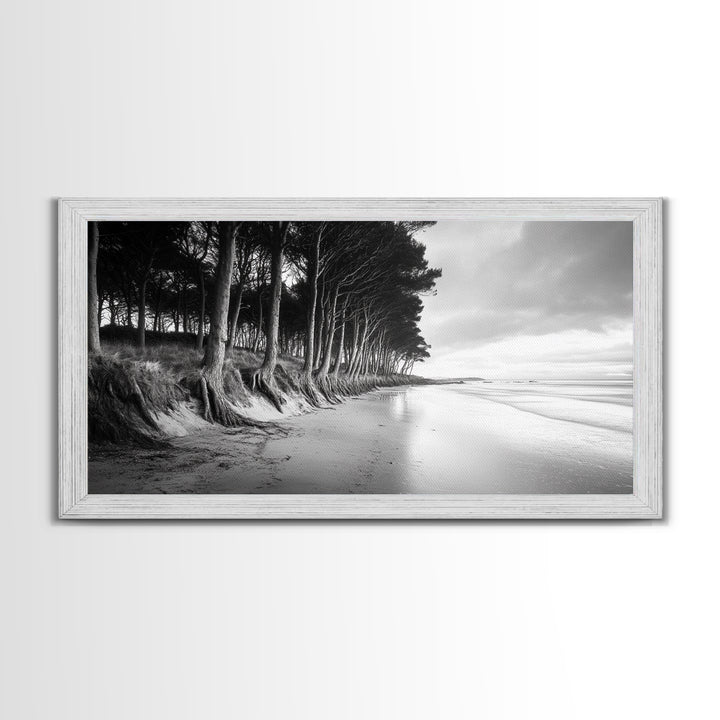 Pine Trees, Sandy Beach, Coastal Serenity, Driftwood Shore, Framed Canvas Print, neutral wall art, coastal rustic style, entryway landscape