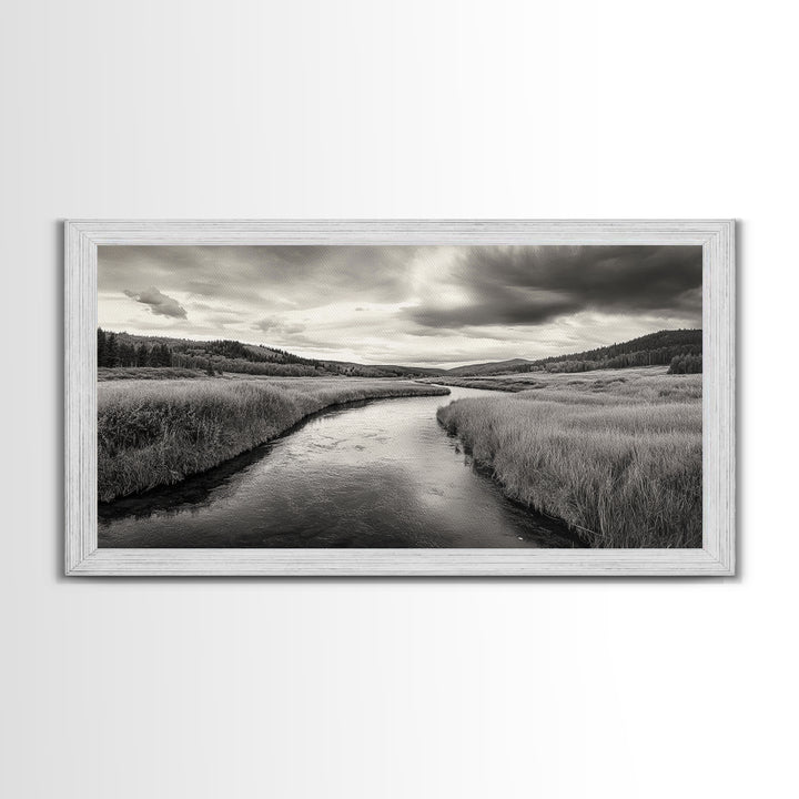 River Valley, Flowing Stream, Grassy Hills, Wilderness Calm, Framed Canvas Print, rustic home decor, Fall art, cabin wall landscape print