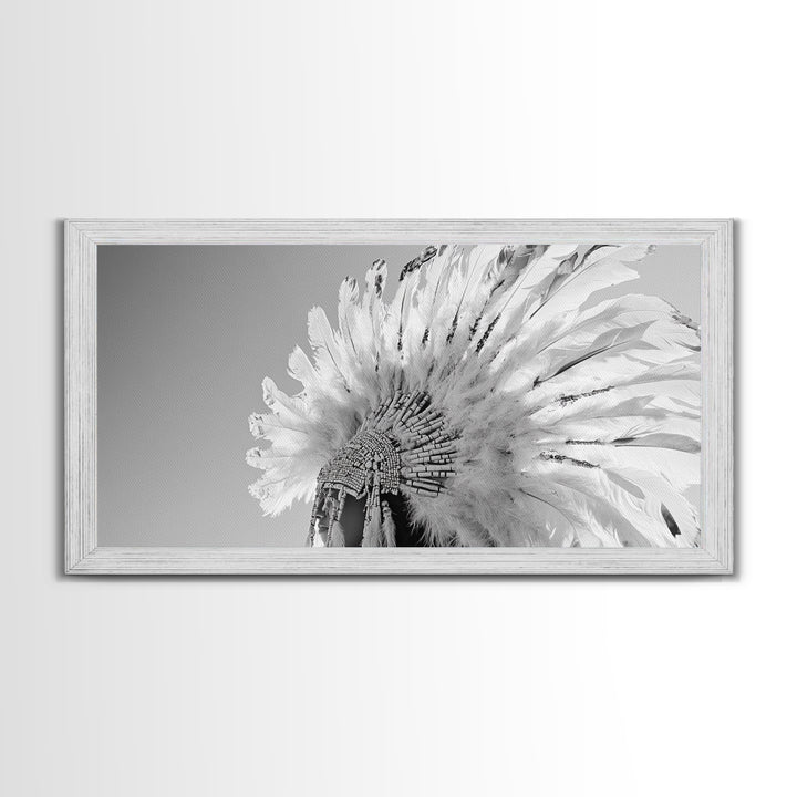 Native Headdress, Feather Crown, Cultural Tribute, Canvas Print, Boho Tribal Decor, Bedroom Wall Art, Monochrome Indigenous Style