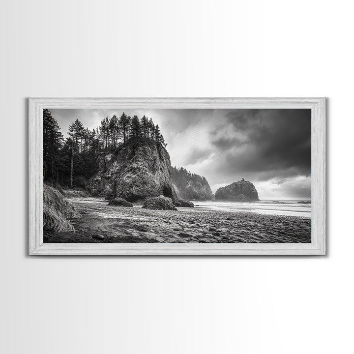 Coastal Rocks, Forest Cliffs, Moody Ocean, Framed Canvas Print, Pacific Northwest Wall Art, Dramatic Seascape, Autumn Nature Photography