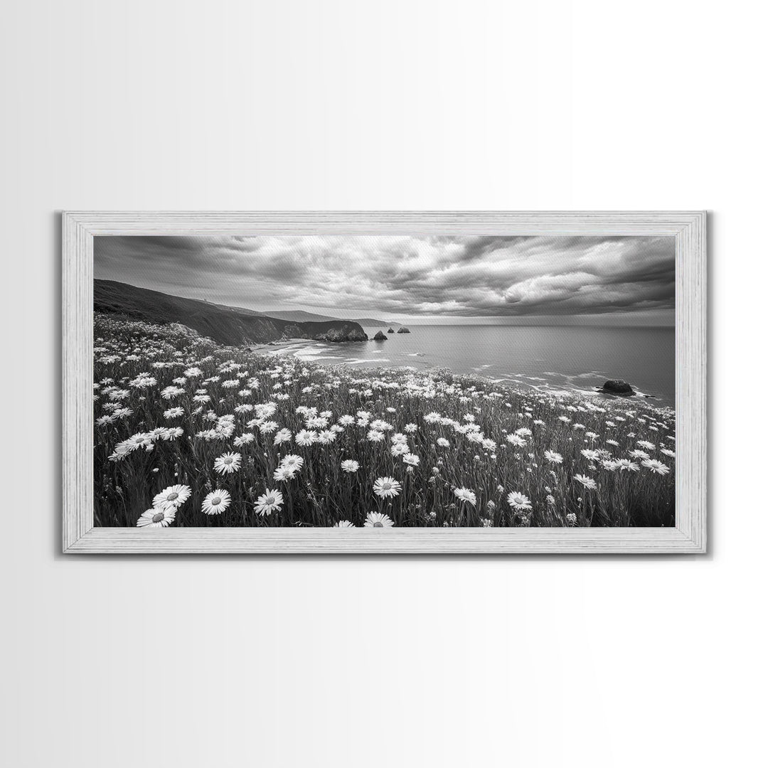 Coastal Flower Field, Ocean Meadow Scene, Seaside Wildflower Landscape, Serene Botanical Print, Living Room Art, Canvas Print